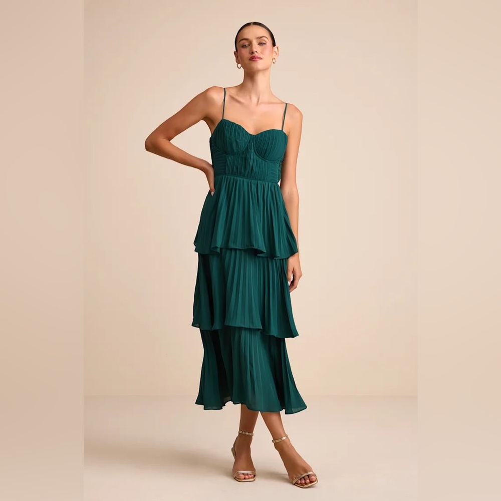 Lulu's Cascading Crush Emerald Tiered Bustier Midi Dress - Picture 3 of 15